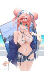 1girl absurdres antenna_hair azur_lane backpack bag bandaid bandaid_on_face bare_shoulders bikini bikini_top_only blue_eyes blue_jacket blue_trim breasts chain cleavage collarbone commentary_request criss-cross_halter crop_top cutoffs denim denim_shorts double_bun eating food food_on_face gallant_(azur_lane) gallant_(express-ive_delivery)_(azur_lane) hair_between_eyes hair_bun hair_intakes hair_ribbon halterneck head_tilt highres holding holding_bag huang_(pixiv3580877) id_card insulated_delivery_bag jacket large_breasts long_hair looking_at_viewer manjuu_(azur_lane) navel off_shoulder official_alternate_costume open_clothes open_fly open_jacket open_shorts pink_hair ribbon shorts sidelocks skindentation solo standing stomach swimsuit thighs torn_clothes torn_shorts visor_cap white_background white_bikini