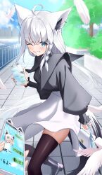 Rule 34 | 1girl, absurdres, ahoge, animal ear fluff, animal ears, bag, black shirt, black thighhighs, blush, braid, commentary request, earrings, feathers, fox ears, fox girl, fox tail, green eyes, grin, hair between eyes, handbag, highres, holding, holding bag, holding phone, hololive, jewelry, kirimoya, long hair, long skirt, looking at viewer, one eye closed, outdoors, phone, pov, pov hands, shirakami fubuki, shirt, sidelocks, single braid, skirt, smile, solo, tail, thighhighs, virtual youtuber, white hair, white skirt