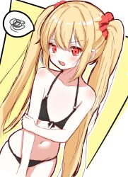 Rule 34 | 1girl, bare arms, bare shoulders, bikini, black bikini, blonde hair, blush, breasts, collarbone, commentary request, cowboy shot, dutch angle, eyelashes, frown, hair between eyes, hair ornament, hair scrunchie, halterneck, highres, long hair, looking at viewer, navel, o-ring, o-ring bikini, o-ring top, open mouth, original, outline, red eyes, red scrunchie, sakura mikan (chirizakura), scrunchie, sidelocks, simple background, sketch, small breasts, solo, speech bubble, spoken squiggle, squiggle, straight hair, sweatdrop, swimsuit, twintails, v-shaped eyebrows, very long hair, white outline, yellow background