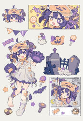 +_+ 1girl :3 :d ahoge animal_ears animal_hands bandaid bandaid_on_knee bandaid_on_leg candy cat cat_ears cat_girl cat_tail checkerboard_cookie closed_mouth commentary cookie crescent double-parted_bangs dress fang food full_body gloves grave halloween heterochromia highres holding holding_candy holding_food holding_lollipop kanamochi_kanato lollipop looking_at_viewer multiple_views open_mouth orange_eyes original paw_gloves pumpkin purple_bandaid purple_eyes purple_gloves purple_hair screw short_hair simple_background single_bare_foot single_sock sleep_mask sleeveless sleeveless_dress smile socks standing swirl_lollipop tail twitter_username white_background white_dress white_socks wrapped_candy