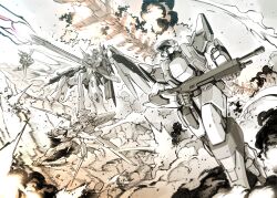 Rule 34 | absurdres, another century&#039;s episode: r, aquarion (series), arm slave (mecha), arx-7 arbalest, choujikuu seiki orguss, code geass, destiny gundam, energy gun, full metal panic!, gun, gundam, gundam seed, gundam seed destiny, gunpod, highres, holding, holding gun, holding sword, holding weapon, kato takuji, knightmare frame, lancelot (code geass), mecha, mecha focus, mechanical wings, military, mobile suit, monochrome, no humans, orguss, orguss (mecha), robot, science fiction, smoke, sousei no aquarion, super robot, sword, v-fin, weapon, wings