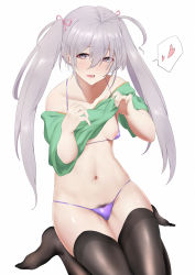1girl ahoge areola_slip bad_feet bad_id bad_pixiv_id bikini black_thighhighs blush breasts clothes_lift collarbone female_focus female_pubic_hair gobi_(jtnyrwbkohiqsuldg) green_shirt grey_eyes grey_hair hair_between_eyes hair_ribbon heart highres hoshi_syoko idolmaster idolmaster_cinderella_girls long_hair looking_at_viewer micro_bikini navel pink_ribbon pubic_hair purple_bikini ribbon shirt shirt_lift simple_background sitting small_breasts solo spoken_heart swimsuit thighhighs twintails undressing very_long_hair wariza white_background
