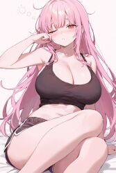 1girl ai-assisted bad_id bad_twitter_id bare_shoulders black_shorts black_tank_top blush breasts cleavage collarbone dolphin_shorts fingernails foame highres hololive hololive_english large_breasts long_hair mori_calliope nail_polish navel one_eye_closed pink_eyes pink_hair pink_nails rubbing_eyes shorts simple_background sitting solo squeans stomach tank_top thighs virtual_youtuber white_background