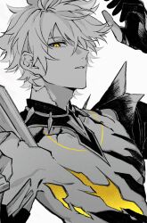 1boy alternate_form cracked_skin greyscale hair_between_eyes hand_up highres honkai:_star_rail honkai_(series) looking_at_viewer male_focus material_growth messy_hair monochrome oshoyu_(aree9) parted_lips phainon_(honkai:_star_rail) short_hair solo spot_color upper_body yellow_blood