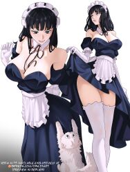 1girl absurdres alternate_costume apron black_dress black_hair black_ribbon blue_eyes breasts cat clothes_lift commentary detached_collar dress dress_lift elbow_gloves english_commentary enmaided gloves highres large_breasts long_hair maid maid_apron maid_headdress neck_ribbon nico_robin one_piece opalis open_mouth ribbon solo waist_apron white_apron white_gloves