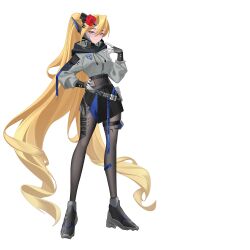 1girl absurdres alternate_costume alternate_hairstyle belt blonde_hair blue_eyes bodystocking breasts ciel_(mega_man) commission commissioner_upload covered_navel digital_hazard eyelashes flower full_body gloves hair_flower hair_ornament hairclip hand_on_own_hip high_tops highres hood hood_down hoodie long_bangs long_hair mechanical_ears mega_man_(series) mega_man_zero_(series) non-web_source petite ponytail red_flower red_rose rhan rose shoes skirt small_breasts sneakers thigh_strap thighs transparent_background very_long_hair zipper