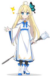 &gt;:) 1girl absurdres ahoge bare_shoulders black_pantyhose blonde_hair blue_bow blue_bowtie blue_eyes blush boots bow bowtie butterfly_hair_ornament closed_mouth commentary_request dot_nose dress full_body hair_ornament hand_up highres holding holding_staff kotatsu-mazoku long_hair looking_at_viewer off-shoulder_dress off_shoulder original pantyhose pointy_ears sidelocks simple_background solo staff standing v-shaped_eyebrows white_background white_boots