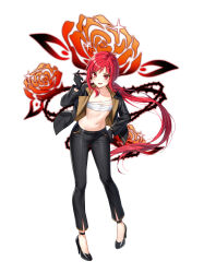 1girl black_gloves black_jacket black_pants black_shoes chest_sarashi closers full_body gloves hand_on_own_hip hand_up high_heels highres jacket long_hair long_sleeves looking_at_viewer low_ponytail navel official_art open_clothes open_jacket open_mouth pants ponytail red_eyes red_hair sarashi seth_(closers) sharp_teeth shoes simple_background smile solo standing stomach teeth v-shaped_eyebrows very_long_hair white_background
