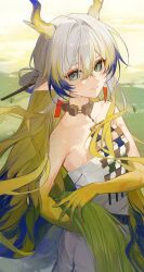 1girl absurdres arknights bare_arms bare_shoulders blonde_hair blue_hair closed_mouth collarbone colored_extremities day dragon_girl dragon_horns earrings eyeliner green_eyes hair_between_eyes highres holding holding_plant horns jewelry light_blush long_hair looking_at_viewer makeup multicolored_hair necklace no_jacket orange_eyeliner orange_pupils outdoors paya_32 plant pointy_ears shu_(arknights) smile solo strapless sweat tube_top white_hair white_tube_top