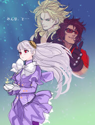 1girl 2boys black_gloves blonde_hair bow bowtie brown_hair capcom_fighting_allstars capcom_fighting_jam commentary_request cowboy_shot d_d dark-skinned_male dark_skin floating_hair gloves green_eyes hair_ornament ingrid_(capcom) jacket looking_ahead looking_at_viewer multiple_boys projected_inset purple_jacket purple_skirt red-tinted_eyewear red_eyes rook sketch skirt tears tetsu_(kimuchi) thumbs_up tinted_eyewear translation_request white_bow white_bowtie white_gloves white_hair