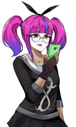 1girl bow ehebai facepaint fortnite glasses gloves gradient_hair hair_bow hair_ornament highres lace_(fortnite) lipstick looking_at_phone makeup multicolored_hair phone short_twintails skirt solo streaked_hair sweater tagme twintails