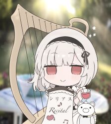 1girl azur_lane blurry blurry_background chibi chibi_only commentary dress futaba_(anti_clockwise) harp highres holding instrument maid maid_headdress musical_note red_eyes red_wine short_hair sirius_(azur_lane) smile solo symbol-only_commentary white_dress white_hair wine