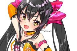 1girl 31reyo arm_belt bare_shoulders black_hair blush breasts elbow_gloves gloves idolmaster idolmaster_cinderella_girls long_hair looking_at_viewer matoba_risa open_mouth small_breasts smile solo twintails yellow_eyes