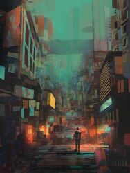Rule 34 | 1other, black hair, blue sky, blurry, brown coat, building, city, coat, depth of field, dkaism, entrance, full body, fur collar, holding, holding lantern, lantern, original, painterly, road, scenery, security shutter, short hair, sky, solo, stairs, street, walking