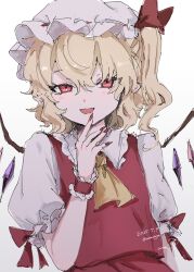 Rule 34 | 1girl, ascot, blonde hair, blush, crystal wings, dated, fangs, fingernails, flandre day, flandre scarlet, gradient background, hand up, hat, hat ribbon, highres, long fingernails, looking at viewer, mob cap, open mouth, plumapple3, puffy sleeves, red nails, red ribbon, red vest, ribbon, short hair, side ponytail, signature, smile, solo, touhou, twitter username, upper body, vest, yellow ascot