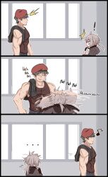 ! ... 1boy 1girl beret brown_hair commander_(girls&#039;_frontline) from_side girls&#039;_frontline grey_hair griffin_&amp;_kryuger_military_uniform hat head_rub height_difference highres m200_(girls&#039;_frontline) messy_hair musical_note purple_eyes smart_oval sound_effects sound_effects_only sweat tank_top towel walking window