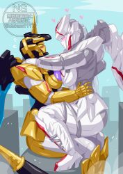 2girls absurdres black_helmet blush breasts colored_skin giant_robo gold_skin helmet highres looking_at_another mecha multiple_girls no.1_sentai_gozyuger no_humans otokamu purple_eyes queen queen_tegajune robot super_sentai tega_sword_black tokusatsu unicorn white_skin yellow_eyes