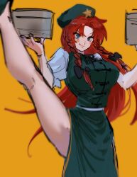 Rule 34 | 1girl, ame iru, blue eyes, blush, braid, breasts, chinese clothes, green skirt, green vest, hair ribbon, hat, hat ornament, highres, holding bamboo steamer, hong meiling, large breasts, leg up, legs, long hair, looking at viewer, red hair, ribbon, shirt, short sleeves, skirt, smile, solo, star (symbol), star hat ornament, thighs, touhou, twin braids, very long hair, vest, white shirt, yellow background