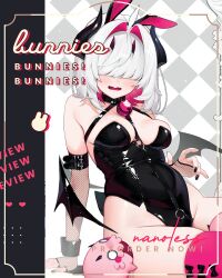 1girl bat_wings black_leotard collar fangs fishnet_sleeves fishnets hair_ornament hair_over_eyes harness horns leotard nano_(nanoless) nanoless o-ring original rabbit_hair_ornament sitting thighhighs white_hair wings