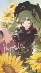 Rule 34 | 1girl, absurdres, ahoge, black bow, black dress, blush, bow, double-parted bangs, dress, english text, field, flower, flower field, frilled dress, frills, green eyes, green hair, hair bow, hat, highres, long hair, looking at viewer, modare, open mouth, original, sun hat, sunflower, twintails