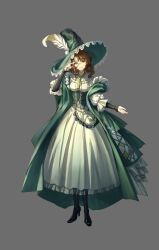 Rule 34 | 1girl, absurdres, adjusting eyewear, black boots, boots, brown hair, closed mouth, coat, corset, dress, full body, green coat, green corset, green eyes, green hat, green necktie, grey background, hand on eyewear, hand up, hat, hat feather, high heels, highres, kakania (reverse:1999), lace-trimmed headwear, lace trim, long dress, long sleeves, looking at viewer, monocle, necktie, official alternate costume, puffy long sleeves, puffy sleeves, qinghong zaoshu, reverse:1999, smile, solo, white dress, witch hat