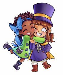 2girls a_hat_in_time animal_print ankle_boots arms_around_neck back_bow belt_boots belt_buckle black_boots blue_bow blue_eyes blue_hairband blue_skirt blush boots bow bow_hairband bow_kid brown_boots brown_hair buckle buttons cape cat_print child closed_eyes commentary curly_hair dark-skinned_female dark_skin english_commentary fang frilled_sleeves frills green_jacket grin hairband hand_on_another&#039;s_arm hand_on_own_hip hat hat_kid hat_ribbon highres hug jacket jenna_brown leg_up long_sleeves medium_hair multiple_girls official_art one_eye_closed open_mouth pants ponytail purple_hat purple_jacket ribbon short_hair sidelocks simple_background skirt smile standing standing_on_one_leg teeth top_hat upper_teeth_only very_dark_skin white_background white_pants yellow_cape yellow_ribbon zipper zipper_pull_tab