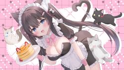 1girl :d animal_ears apron black_cat black_dress blue_eyes blush bow bowtie breasts brown_hair cat cat_ears cat_girl cat_tail cleavage cleavage_cutout clothing_cutout commentary commission cowboy_shot dress fang food frilled_apron frilled_dress frilled_sleeves frills fruit grey_cat grid_background hair_ornament highres holding holding_plate large_breasts long_hair looking_at_viewer maid maid_headdress open_mouth original pancake pink_background pink_bow pink_bowtie plate rucaco short_sleeves skeb_commission skin_fang smile solo strawberry tail twintails virtual_youtuber white_apron white_cat wrist_cuffs x_hair_ornament