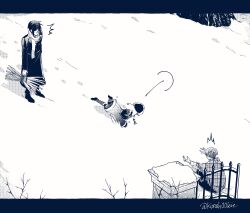 3boys boots child ciel_phantomhive footprints highres kurosh00kie kuroshitsuji male_focus monochrome multiple_boys sebastian_michaelis shorts theo_(kurosh00kie) tripping winter