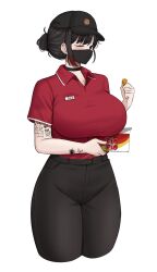 1girl absurdres arm_tattoo bandaid_tattoo barbell_piercing black_choker black_eyes black_hair black_hat black_mask black_pants blush bob-omb box breasts character_tattoo choker commentary covered_mouth cropped_legs ear_piercing food gen_1_pokemon gradient_hair hair_bun hat heart highres holding holding_box holding_food industrial_piercing jake_the_dog large_breasts looking_at_viewer mask mouth_mask multicolored_hair multiple_tattoos name_tag one_eye_closed original pants piercing red_hair red_shirt shirt short_hair short_sleeves simple_background single_hair_bun single_sidelock solo squirtle tattoo tight_clothes tight_pants white_background wing_collar yukaraishin