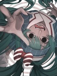 1girl absurdres aqua_hair black_eyes blue_hat bow commentary_request diagonal-striped_bow grey_background hair_between_eyes hat hat_bow hatsune_miku highres karasumasaaan looking_at_viewer mesmerizer_(vocaloid) open_mouth pinstripe_hat reaching red_bow sailor_collar sharp_teeth solid_circle_eyes solo teeth tongue tongue_out upside-down vocaloid white_bow white_sailor_collar