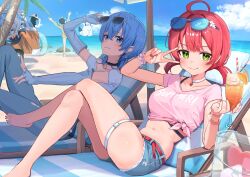 5girls absurdres adjusting_eyewear ahoge arm_up bare_legs barefoot beach beach_chair beach_umbrella belt black_choker blue_eyes blue_hair blue_sky blush choker closed_mouth cloud crossed_legs cup day denim denim_shorts drink drinking_glass drinking_straw eyewear_on_head feet fubuzilla_(shirakami_fubuki) green_eyes highres hololive holonatsu_paradise hoshimachi_suisei_(holonatsu_paradise) legs looking_at_viewer midriff multiple_girls navel official_alternate_costume ookami_mio oozora_subaru outdoors pink_hair pink_shirt red_hair sakura_miko_(holonatsu_paradise) scrunchie shiotsuke_sasami shirakami_fubuki_(holonatsu_paradise) shirt short_hair short_shorts short_sleeves short_twintails shorts sitting sky smile star_(symbol) star_in_eye symbol_in_eye t-shirt thigh_strap thighs tied_shirt toes twintails umbrella v v_over_eye virtual_youtuber wrist_scrunchie