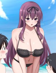 1girl 2boys :o age_difference beach bent_over bikini black_bikini black_ribbon breasts cleavage commentary_request cross-laced_bikini cross-laced_clothes day highres huge_breasts light_blush long_hair long_sidelocks multiple_boys murasaki_(senran_kagura) navel ocean official_alternate_costume onee-shota paid_reward_available purple_eyes purple_hair ribbon senran_kagura sidelocks surippa1010 swimsuit very_long_hair