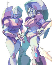 2girls arcee autobot blue_eyes breasts colored_skin dual_wielding gun handgun helmet highres holding humanoid_robot insignia medium_breasts metal_skin mmt0180 multiple_girls pink_lips robot robot_girl science_fiction simple_background sword the_transformers_(idw) thighs transformers weapon white_background