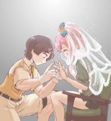 1boy 1girl black_hair blue_flower blue_rose blush bridal_veil captain_(kemono_friends) chair clueless flower gameplay_mechanics green_jacket hair_between_eyes jacket jewelry kemono_friends kemono_friends_3 kneeling looking_at_another maki_(02uh14l1b740ao2) nana_(kemono_friends) pink_eyes pink_hair ring rose shirt short_hair short_sleeves shorts side_ponytail sitting veil yellow_flower yellow_rose