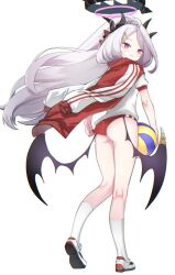 1girl parallel_hairclips adjusting_buruma adjusting_clothes ahoge alternate_costume alternate_hairstyle ass ball black_halo black_horns blue_archive buruma closed_mouth commentary demon_girl demon_horns demon_wings enpera floating_hair from_behind full_body gym_shirt gym_uniform hair_ornament hairclip halo hato_haru hina_(blue_archive) holding holding_ball horns jacket jacket_on_shoulders kneehighs kneepits light_blush loli long_hair looking_at_viewer looking_back low_wings multiple_horns parted_bangs purple_eyes red_buruma red_jacket scarf shirt shoes short_sleeves simple_background slit_pupils smile socks solo standing track_jacket very_long_hair white_background white_hair white_shirt white_shoes white_socks wings