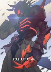 absurdres bodysuit buffalo chainsaw claw_(weapon) claws highres holding holding_weapon horns jiuri_jiuhao kamen_rider kamen_rider_buffa kamen_rider_geats_(series) male_focus raise_buckle red_eyes shoulder_spikes silhouette spikes weapon zombie