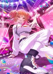 1girl ahoge arm_strap belt black_belt boots cargo_pants colored_inner_hair commentary_request company_name concert copyright_notice crop_top cropped_shirt earrings floating_hair glowstick gradient_hair hair_ornament hairclip heart heart_earrings hololive hololive_dev_is ichijou_ririka ichijou_ririka_(regloss_uniform) indoors jewelry lace-up_boots long_hair long_sleeves looking_at_viewer midriff multicolored_hair nail_polish navel official_alternate_costume official_alternate_hairstyle official_art orange_eyes orange_hair orange_nails pants parallel_hairclips penlight_(glowstick) pink_hair pompocy reaching reaching_towards_viewer ring shirt single_earring single_sleeve solo stage swept_bangs two_side_up virtual_youtuber white_boots white_pants white_shirt