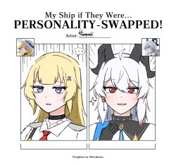 ... 2girls ahoge artist_logo black_choker black_collar black_eyes black_gloves black_horns blonde_hair blue_eyes blue_sash choker collar collared_shirt commentary cosplay costume_switch curled_horns earrings english_commentary english_text gloves hair_ornament hand_up highres horns jewelry key_earrings logo long_hair multicolored_eyes multicolored_hair multiple_girls necktie official_art_inset out_of_character parted_lips personality_switch phoebe_(wuthering_waves) red_eyes red_necktie sash shirt smile spoken_ellipsis streaked_hair tenrino two-tone_eyes white_hair white_shirt wuthering_waves x_hair_ornament zani_(wuthering_waves)