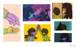 1girl 1other androgynous bare_shoulders black_coat black_eyes black_hair blue_eyes border carpet coat colored_sclera colored_skin commentary cup curtains deltarune drinking_glass english_commentary face-to-face flower freckles from_behind fruit_punch_(drink) glass_shards green_jacket grin hair_bun hair_over_eyes highres holding holding_cup holding_flower hood hood_down hooded_jacket jacket kris_(dark_world)_(deltarune) kris_(deltarune) leaf long_hair messy_hair monster_girl multiple_views nostrils other_with_female parted_lips pink_hair pink_skin red_scarf sad scarf shaded_face sharp_teeth shirt single_side_bun sleeveless sleeveless_coat slugrab smile snout spikes striped_clothes striped_jacket susie_(dark_world)_(deltarune) susie_(deltarune) sweat swept_bangs teeth toasting_(gesture) v-shaped_eyebrows white_border white_flower white_shirt yellow_sclera
