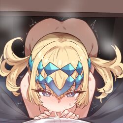 Rule 34 | 1boy, 1girl, absurdres, ass, bent over, black pants, blonde hair, blush, bright pupils, clothed male nude female, commentary, cum, cum in mouth, cum overflow, deepthroat, diamond hairband, ebora, english commentary, fate/grand order, fate (series), fellatio, foreshortening, fujimaru ritsuka (male), hair between eyes, hetero, highres, medium hair, nude, oral, pants, pollux (fate), pov, pov crotch, shirt, short twintails, sidelocks, spread legs, steaming body, sweat, twintails, twitching, uncensored, under table, upturned eyes, white pupils, white shirt