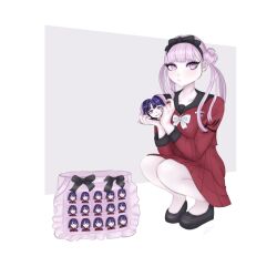 1boy 1girl bag brother_and_sister crouching full_body handbag heart highres long_hair long_sleeves looking_at_viewer matching_hair/eyes pink_eyes pink_hair purple_eyes red_shirt red_skirt shirt siblings simple_background skirt the_hundred_line_-last_defense_academy- tsukumo_ima tsukumo_kako twins white_background
