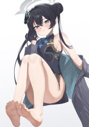 1girl absurdres bare_shoulders barefoot black_dress black_gloves black_hair blue_archive breasts china_dress chinese_clothes dragon_print dress feet full_body gloves grey_background grey_eyes hair_between_eyes hair_bun half_gloves halo highres jacket kisaki_(blue_archive) long_hair looking_at_viewer open_clothes open_jacket parted_lips rosu_1109 simple_background sitting small_breasts solo thighs toes
