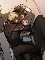 2boys absurdres bad_tag arms_up bakugou_katsuki black_pants blonde_hair boku_no_hero_academia closed_eyes collared_shirt commentary_request couch dot_nose facial_scar feet_out_of_frame freckles glasses green_hair hand_on_another&#039;s_head highres im_zapduk korean_commentary long_sleeves looking_at_another looking_to_the_side lying male_focus midoriya_izuku multiple_boys necktie on_back on_stomach pants parted_lips scar scar_on_cheek scar_on_face shirt short_hair sideways_glance smile superhero_costume teeth white_shirt wing_collar yaoi