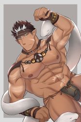 1boy abs arm_tattoo bara black_male_underwear brown_hair bulge cowboy_shot facial_hair highres large_pectorals loincloth long_sideburns male_focus male_underwear multicolored_hair muscular muscular_male navel nipples opqrald pectorals short_hair sideburns snake solo spiked_hair stomach stomach_tattoo stubble tangaroa_(housamo) tattoo thick_thighs thighs tokyo_houkago_summoners topless_male tribal tribal_tattoo two-tone_hair underwear underwear_only white_hair white_snake yellow_eyes