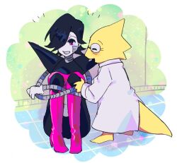 1boy 1girl alphys beryllium_game black_hair closed_eyes coat commentary_request glasses hair_over_one_eye knees_up lab_coat lizard_tail mettaton mettaton_ex open_mouth pink_eyes reptile_girl short_hair sitting tail tile_floor tiles undertale white_coat