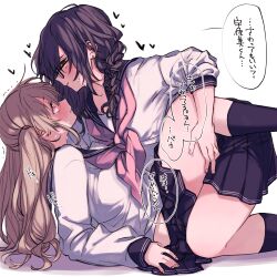 2girls amane_(7783) arm_support assertive_female black_hair black_socks blonde_hair brown_eyes commentary_request fingernails from_side girl_on_top glasses hand_on_another&#039;s_thigh highres kneeling leg_lift looking_up lying multiple_girls neckerchief open_mouth original pink_eyes pink_neckerchief sailor_collar school_uniform serafuku sleeves_rolled_up socks sweatdrop translation_request twintails yuri