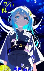 1girl alternate_costume artist_logo blue_eyes blue_kimono blue_sky cloud commentary_request crescent crescent_hair_ornament crescent_moon crescent_pin dated floral_print hair_ornament highres japanese_clothes kantai_collection kimono logo moon night night_sky one-hour_drawing_challenge ren_(pawer1945) short_hair short_hair_with_long_locks sky solo yayoi_(kancolle) yukata