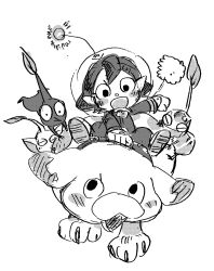 1girl alien blush_stickers boots clenched_hand clinging closed_eyes collar commentary_request dog floppy_ears gloves greyscale helmet highres holding holding_collar ice ice_pikmin leaf looking_at_viewer monochrome nintendo no_mouth oatchi_(pikmin) open_mouth pikmin_(creature) pikmin_(series) pikmin_4 pointy_ears pointy_nose radio_antenna red_pikmin rescue_officer_(pikmin) riding riding_animal sharp_teeth short_hair sitting_on_animal sketch smile space_helmet spacesuit spots taichohanuma teeth upper_teeth_only v-shaped_eyebrows v-shaped_eyes whistle white_background wide-eyed yellow_pikmin