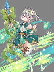 bow bowtie crystal flower green_bow green_bowtie green_ribbon hair_flower hair_ornament highres holding holding_staff hwangjinten kokkoro_(princess_connect!) magical_girl princess_connect! red_eyes ribbon staff thighhighs white_hair white_thighhighs