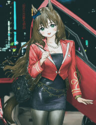Rule 34 | 1girl, alternate costume, animal ears, bag, bead necklace, beads, black dress, black pantyhose, blue bow, blush, bow, breasts, brown hair, car, city, commentary request, curry soba, day, dress, ear bow, green eyes, handbag, highres, horse ears, horse girl, horse tail, jacket, jewelry, long hair, long sleeves, looking at viewer, maruzensky (umamusume), motor vehicle, necklace, neon lights, night, outdoors, pantyhose, red jacket, solo, sports car, tail, umamusume